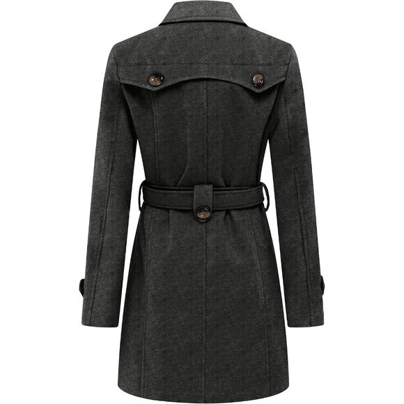 Women's Double Breasted Pea Coat Winter Mid-Long Trench Coat with Belt - Picture 2 of 6